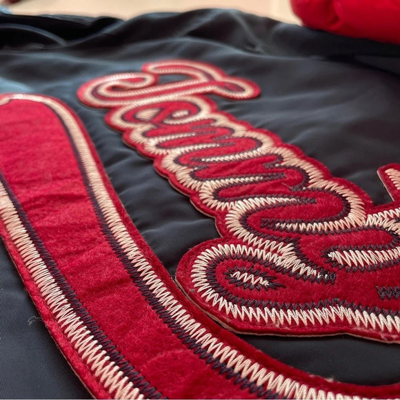 TOMMY HILFIGER Logo-Embroidered Quilted Navy Red Bomber Jacket Down Lining Small - Picture 15 of 16